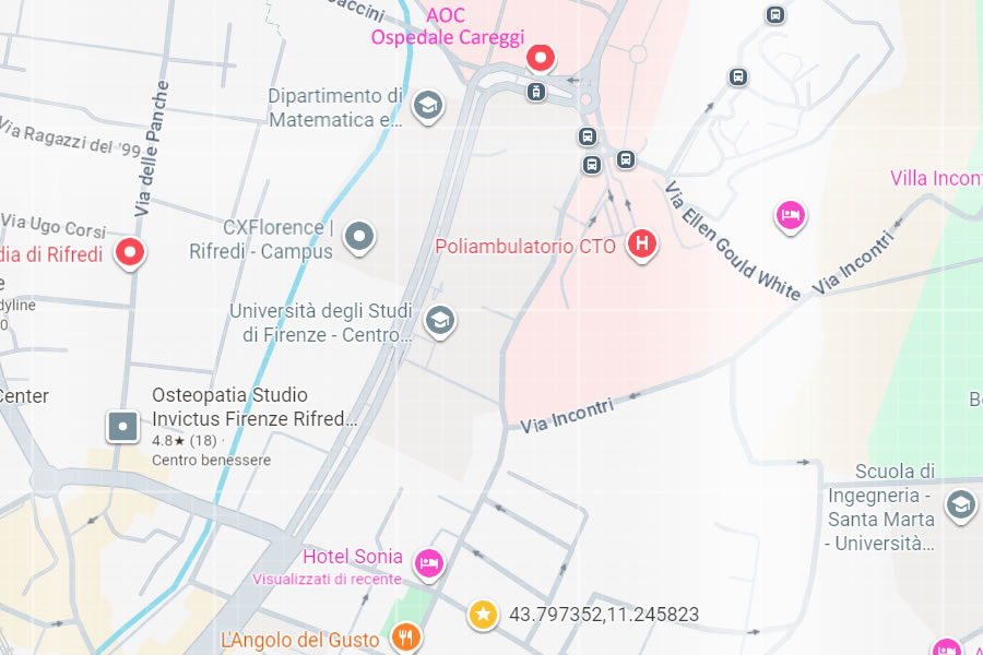 Mappa: posizione di Albergo Sonia rispetto all'Ospedale di Careggi